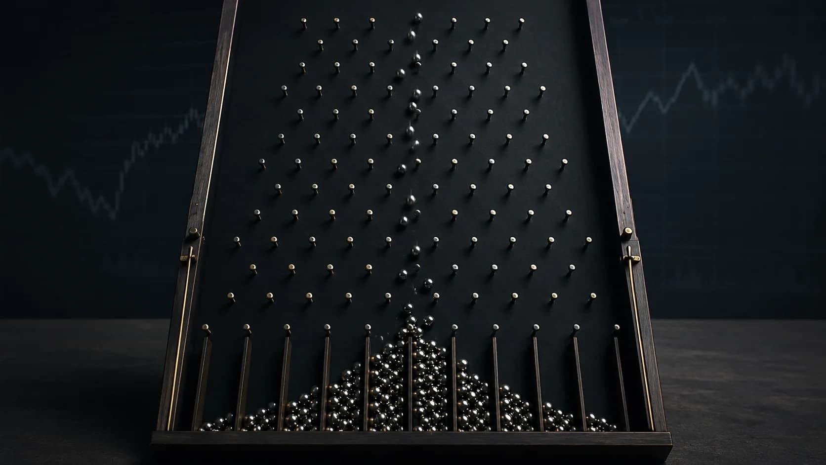 La planche de Galton — billes dorées tombant vers une courbe en cloche